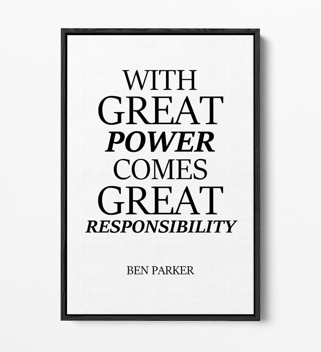 "GREAT POWER RESPONSIBILITY" SPIDERMAN QUOTE -FLOAT EFFECT CANVAS WALL ART PRINT