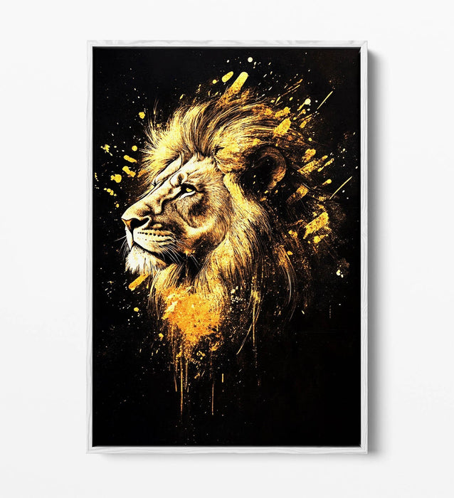 Lion Head Canvas Art – Abstract Gold Splash Painting | Float Effect Canvas Print