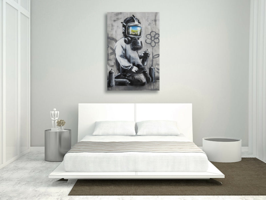 BANKSY GAS MASK BOY CANVAS WALL STREET ART PRINT GRAFFITI ARTWORK FRAMED