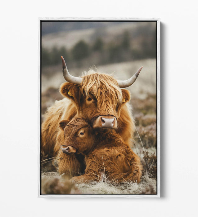 Highland Cow Canvas - Mother And Calf Art | Handmade UK Float Effect Frame