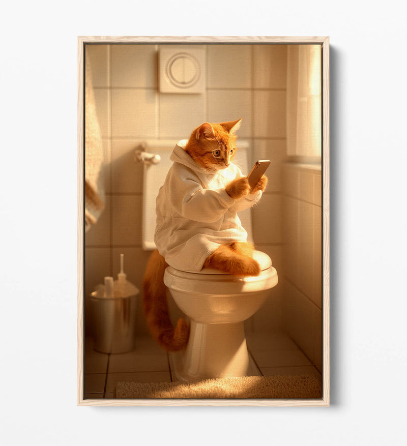 Funny Bathroom Canvas - Cat Wearing Robe Toilet Humor Artwork | Premium Float Effect Print