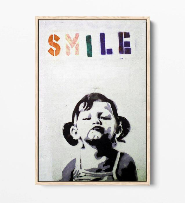BANKSY SMILE -FLOAT EFFECT CANVAS WALL ART PIC PRINT- BLACK & WHITE