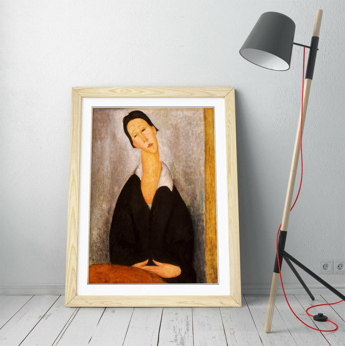 Modigliani Framed Wall Art – Polish Woman Portrait Print | Handmade Wood Grain Frame