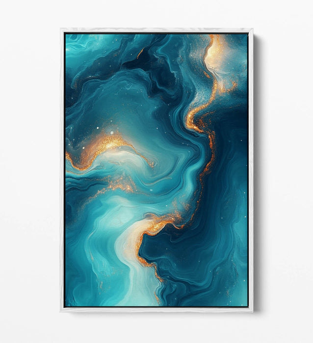 Abstract Canvas Wall Art – Blue Gold Sea Water Painting With Float Effect Frame