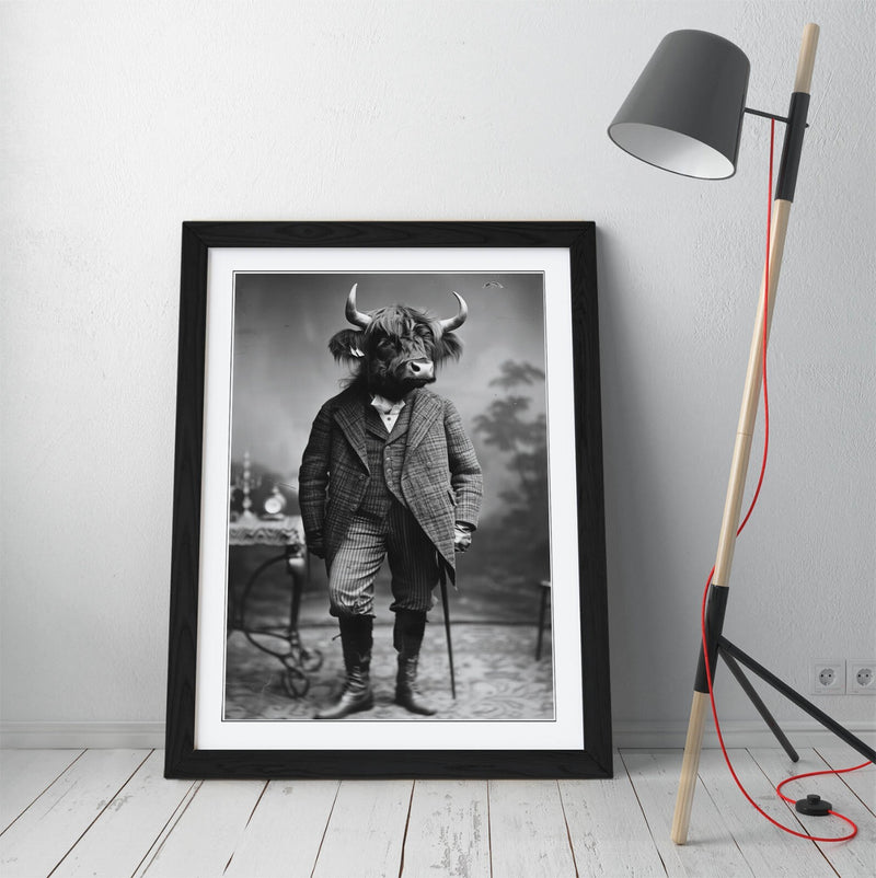 Highland Cow Wall Art – Framed Animal Poster with Woodgrain Frame, Matte Finish