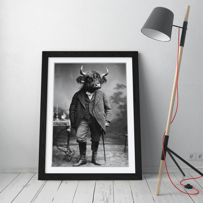 Highland Cow Wall Art – Framed Animal Poster with Woodgrain Frame, Matte Finish