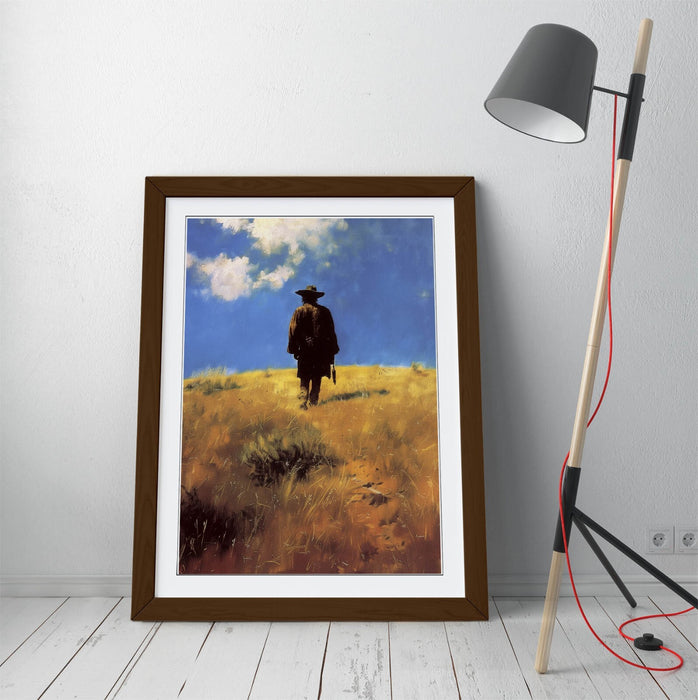 Framed Wall Art - Wandering Cowboy Blue Sky Landscape Poster Print With Woodgrain Frame