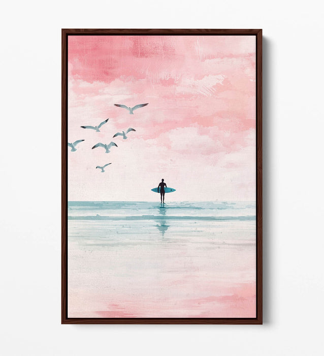 Canvas Wall Art – Minimalist Silhouette Surfer Pink Beach Float Effect Print