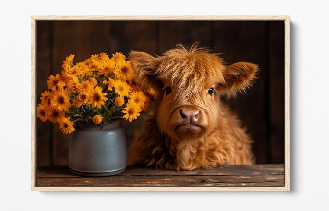 Canvas Wall Art – Baby Highland Cow With Flowers | Handmade Float Effect Canvas Print