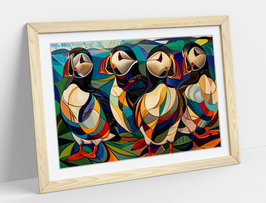 Puffins Wall Art – Framed Bird Print on Matte Paper with Natural Wood Frame