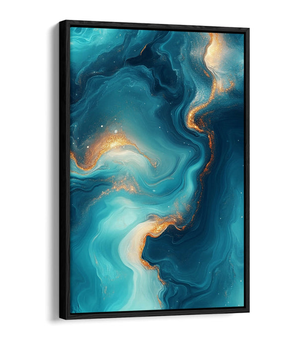 Abstract Canvas Wall Art – Blue Gold Sea Water Painting With Float Effect Frame