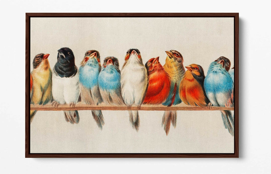 BIRDS ON A PERCH VINTAGE ART -FLOAT EFFECT CANVAS WALL ART PIC PRINT- RED BLUE