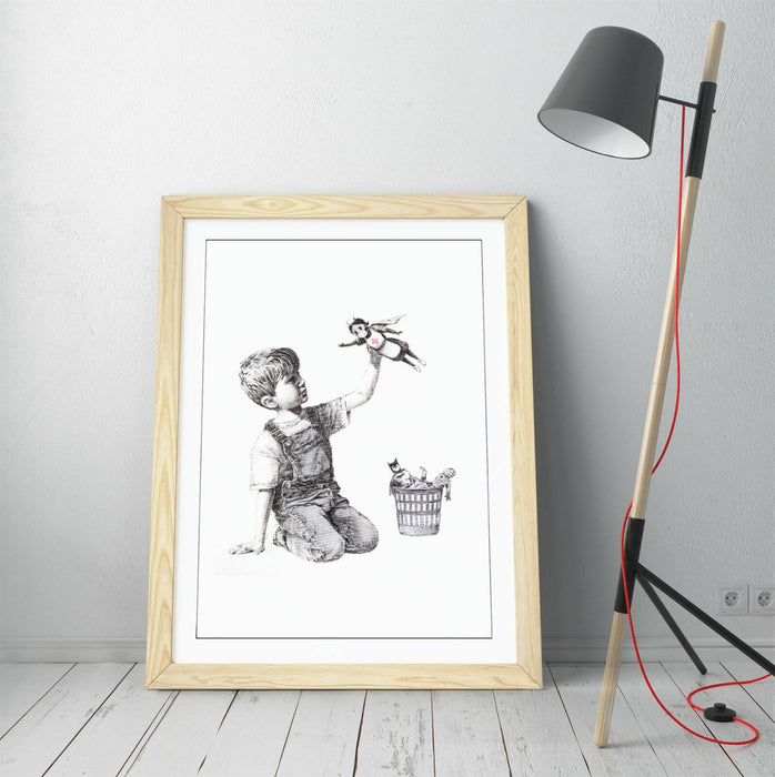 BANKSY SUPER HERO NURSE -ART FRAMED POSTER PICTURE PRINT ARTWORK- GREY