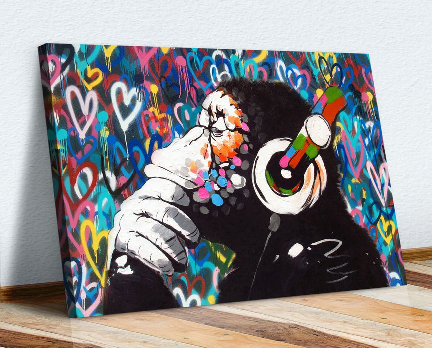 MONKEY DJ BANKSY LOVE WALL CANVAS STREET ART PICTURE PRINT FRAMED  -  GORILLA