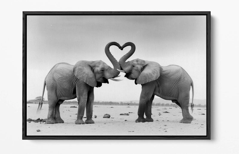 Canvas Wall Art - Black White Elephants Love Heart Float Effect Print