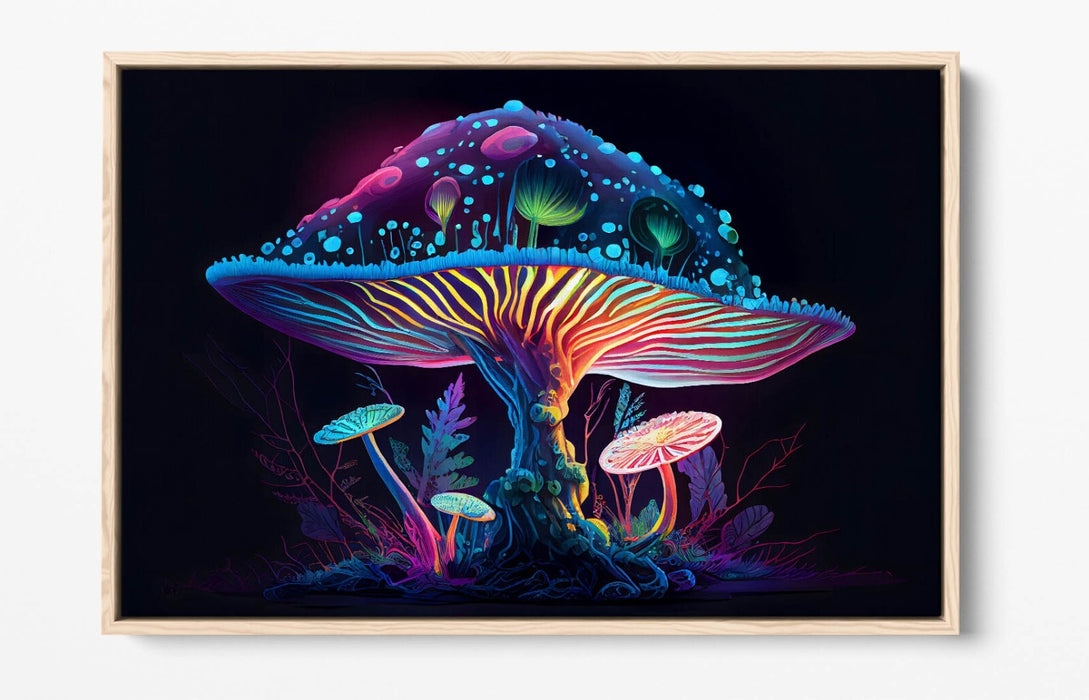 Canvas Wall Art – Rainbow Glowing Mushroom Print | Float Effect Canvas Home Decor