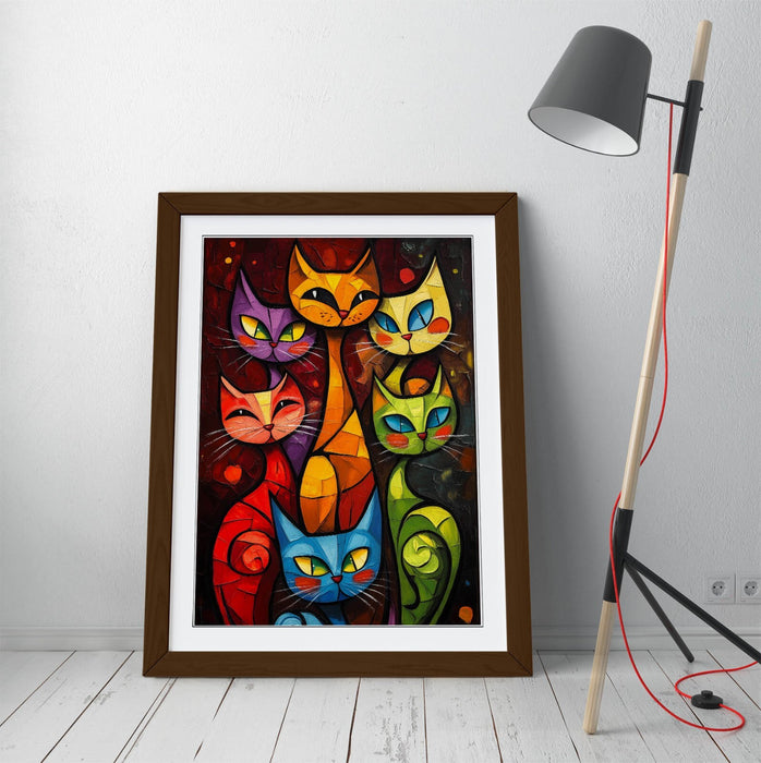 Framed Cat Wall Art - Colorful Abstract Cat Poster Print With Wood Grain Frame