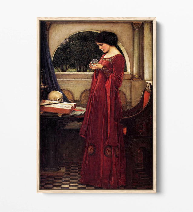 WATERHOUSE THE CRYSTAL BALL -FLOAT EFFECT CANVAS WALL ART PIC PRINT- BURGUNDY