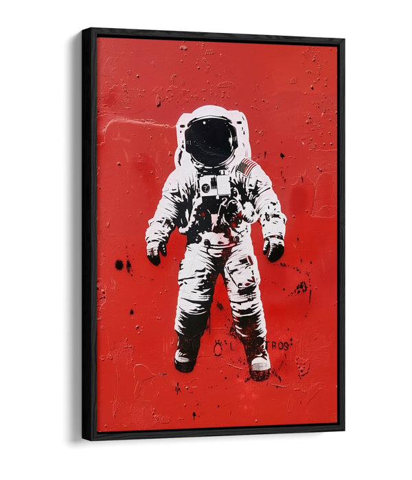 Astronaut Stencil Canvas – Graffiti Style Art with Red Background Print & Float Effect Frame