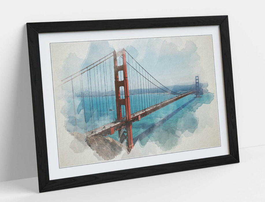 Framed Wall Art – Golden Gate Bridge Watercolour Painting Print With MDF Wood Frame