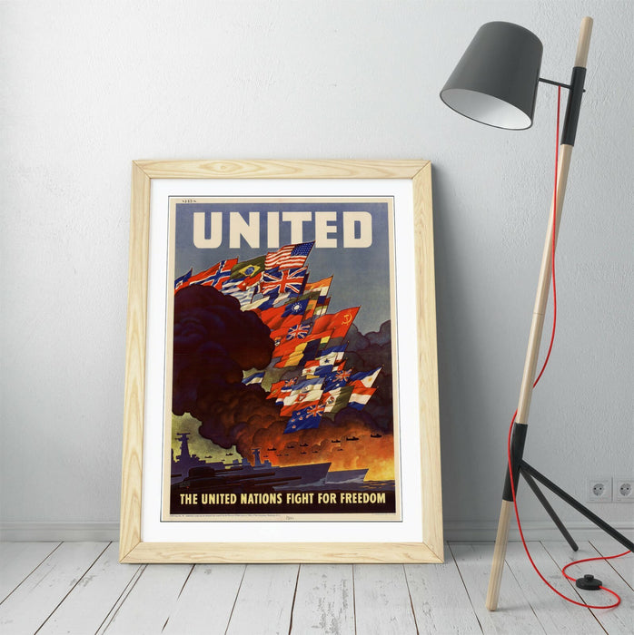 VINTAGE UNITED NATIONS FIGHT FOR FREEDOM POSTER -FRAMED WALL ART PICTURE PRINT