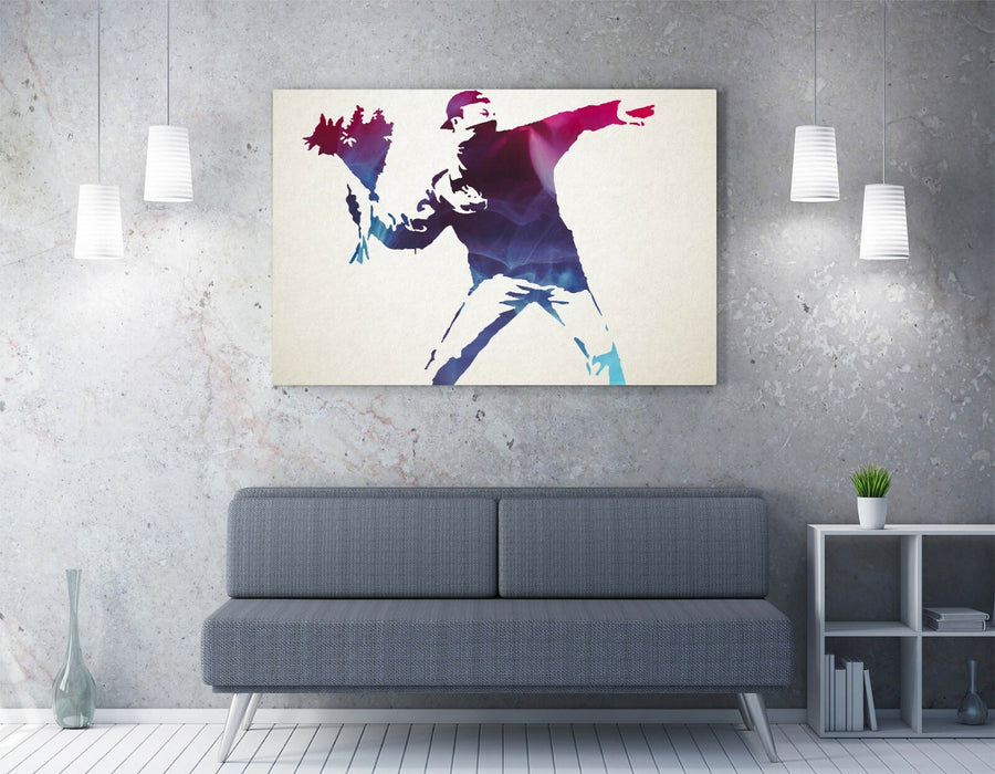 BANKSY, FLOWER THROWER PURPLE BLUE -CANVAS WALL ART PRINT ARTWORK FRAMED