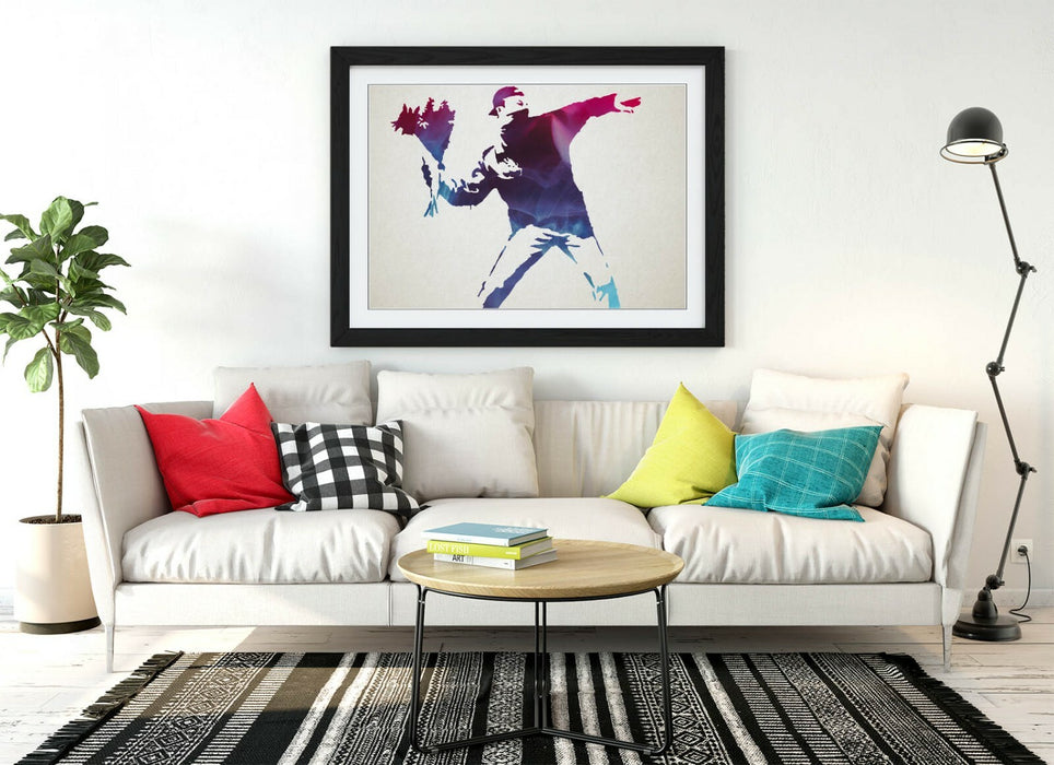 BANKSY, FLOWER THROWER PURPLE BLUE -FRAMED WALL ART PICTURE PRINT