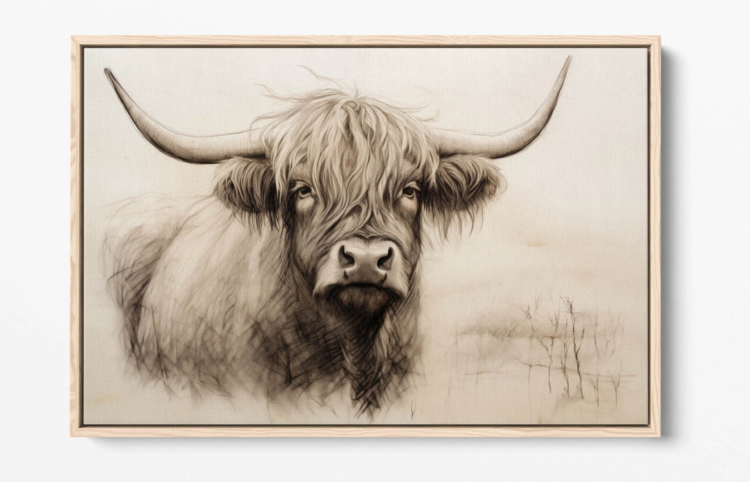 Highland Cow Canvas - Charcoal Sketch Print | Float Effect Wall Art With Premium Varnish