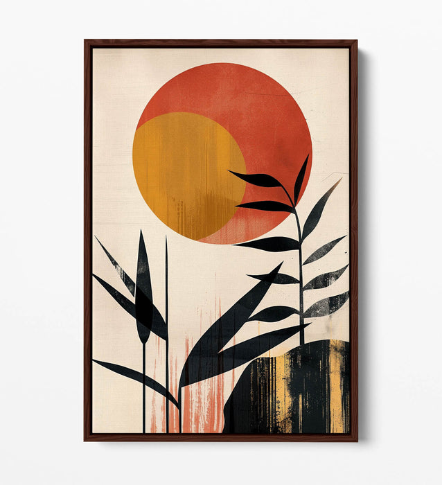 Boho Canvas Art - Minimalist Wall Decor | Sun And Plants Print | Float Effect Canvas