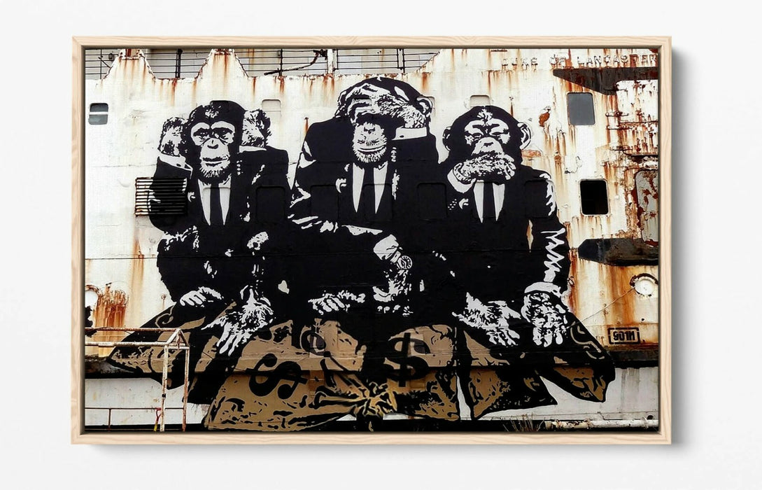 BANKSY 3 WISE MONKEYS -FLOAT EFFECT CANVAS WALL ART PIC PRINT- WHITE BEIGE