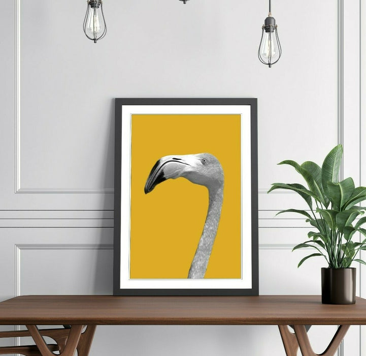 Framed Flamingo Wall Art – Black White Poster With Yellow Mustard Decor | Handmade Artwork