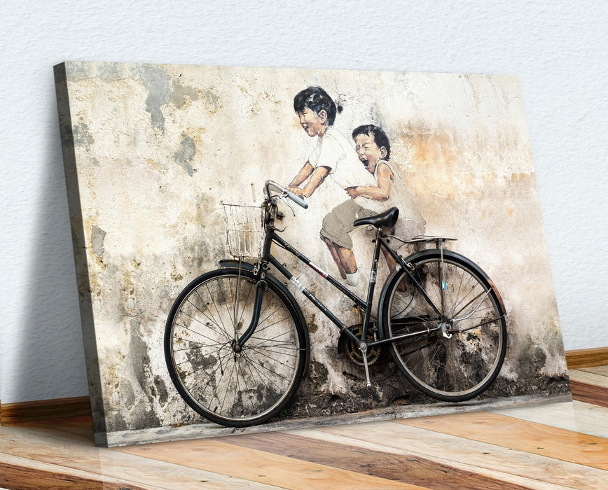 KIDS ON BIKE CANVAS WALL GRAFFITI ART PRINT ARTWORK FRAMED POSTER NOT BANKSY