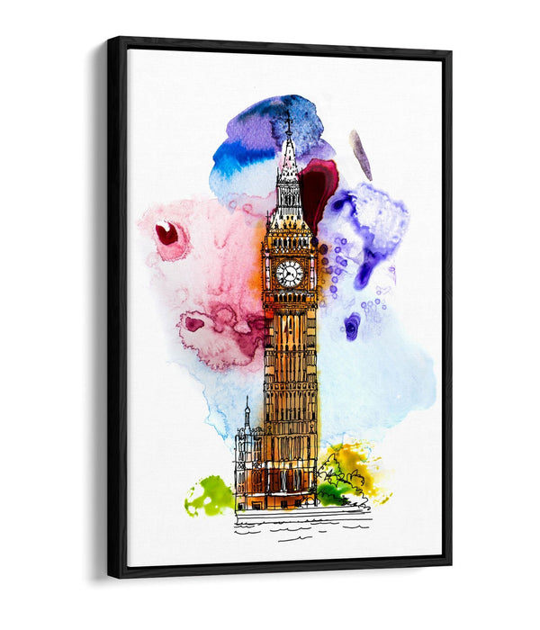Canvas Wall Art – Big Ben London Watercolour Splash With Float Effect Frame