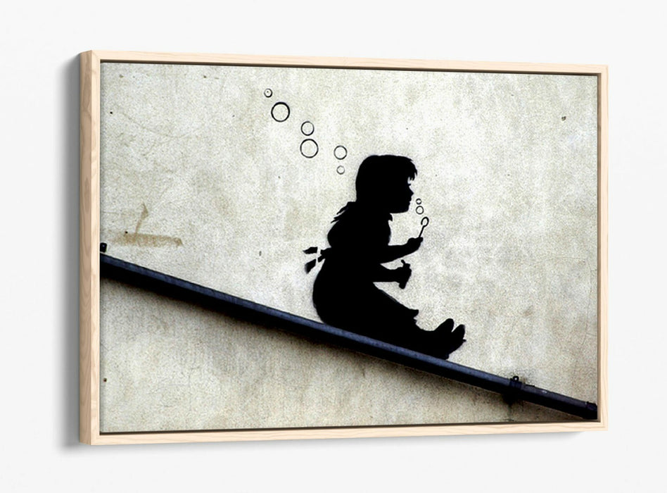BANKSY GIRL SLIDE -FLOAT EFFECT CANVAS WALL ART PIC PRINT- BLACK & WHITE