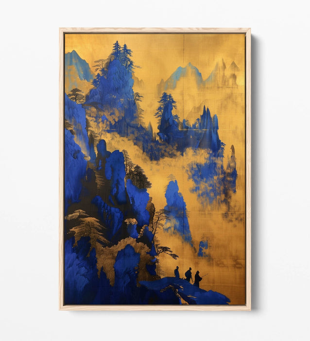 Canvas Wall Art - Blue Yellow Foggy Forest Cliff Landscape Float Effect Print
