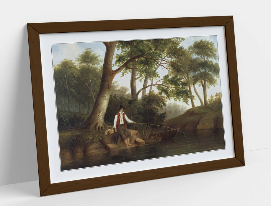 Framed Wall Art - Robert S DuncanSon Man Fishing Artwork With Woodgrain Frame
