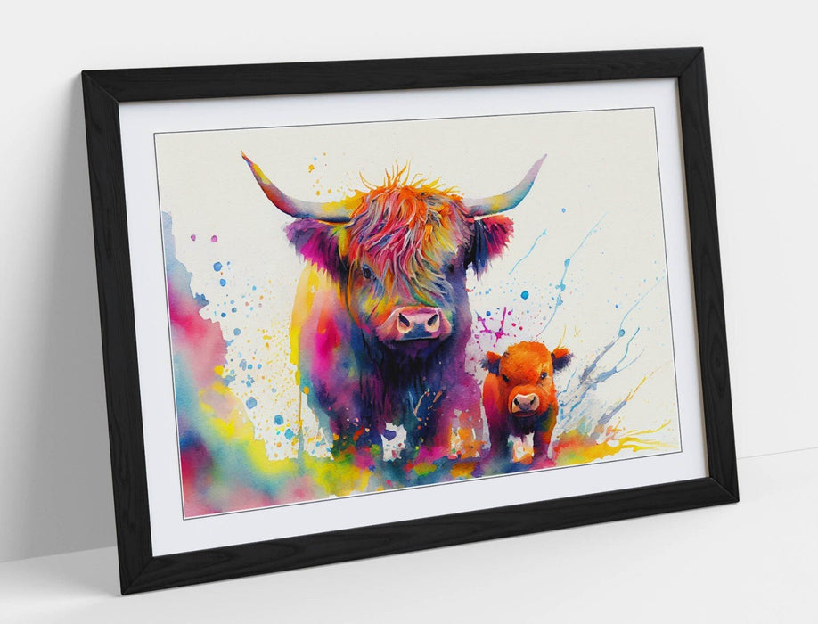 Framed Wall Art - Colorful Highland Cow Print Mother Child Poster, Handmade