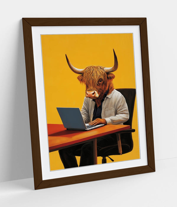 Highland Cow Wall Art – Framed Anthropomorphic Animal Poster Print With Woodgrain Frame