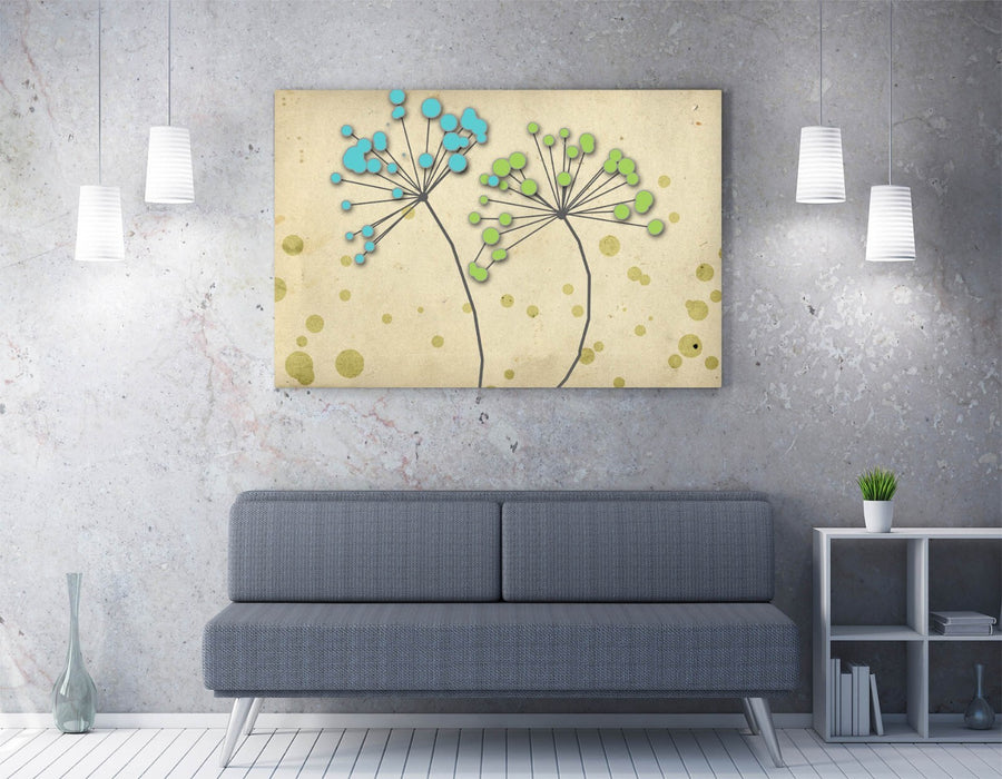 Blue Green Dandelion Art - Framed Canvas Print | Quirky Floral Painting, Ready To Hang