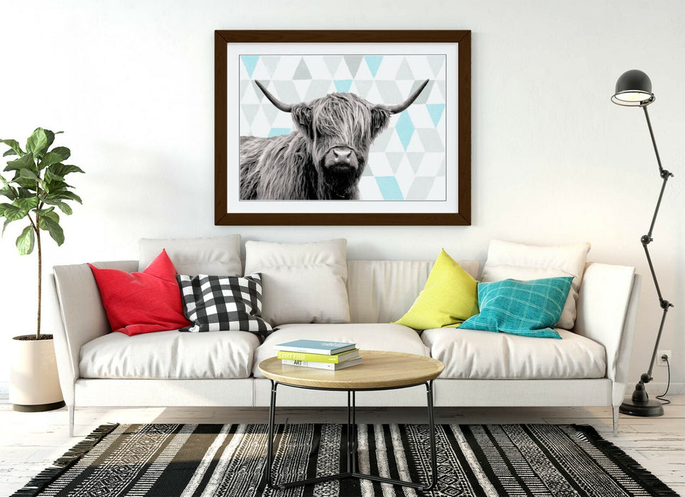 HIGHLAND COW TURQUOISE GEOMETRIC LIGHT -ART FRAMED POSTER PICTURE PRINT ARTWORK-