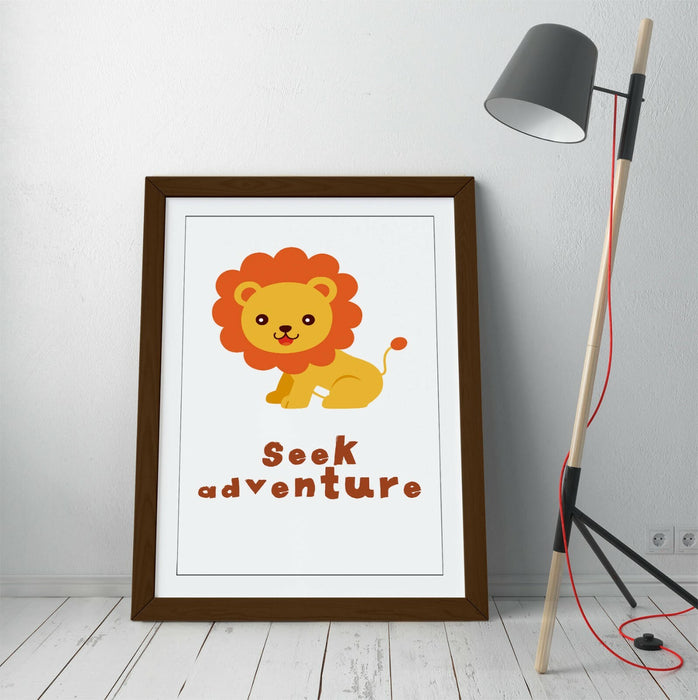 "SEEK ADVENTURE" LION QUOTE KIDS ROOM NURSERY -FRAMED WALL ART PICTURE PRINT