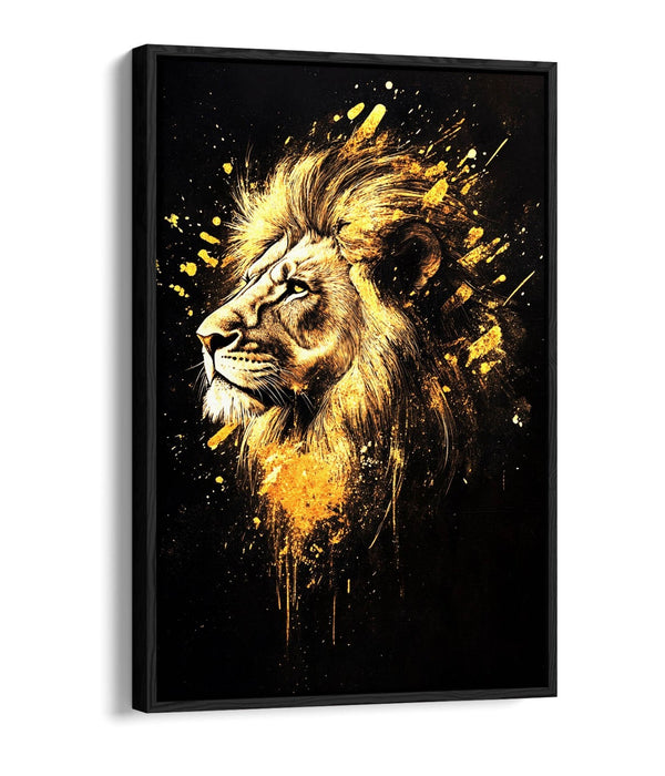 Lion Head Canvas Art – Abstract Gold Splash Painting | Float Effect Canvas Print