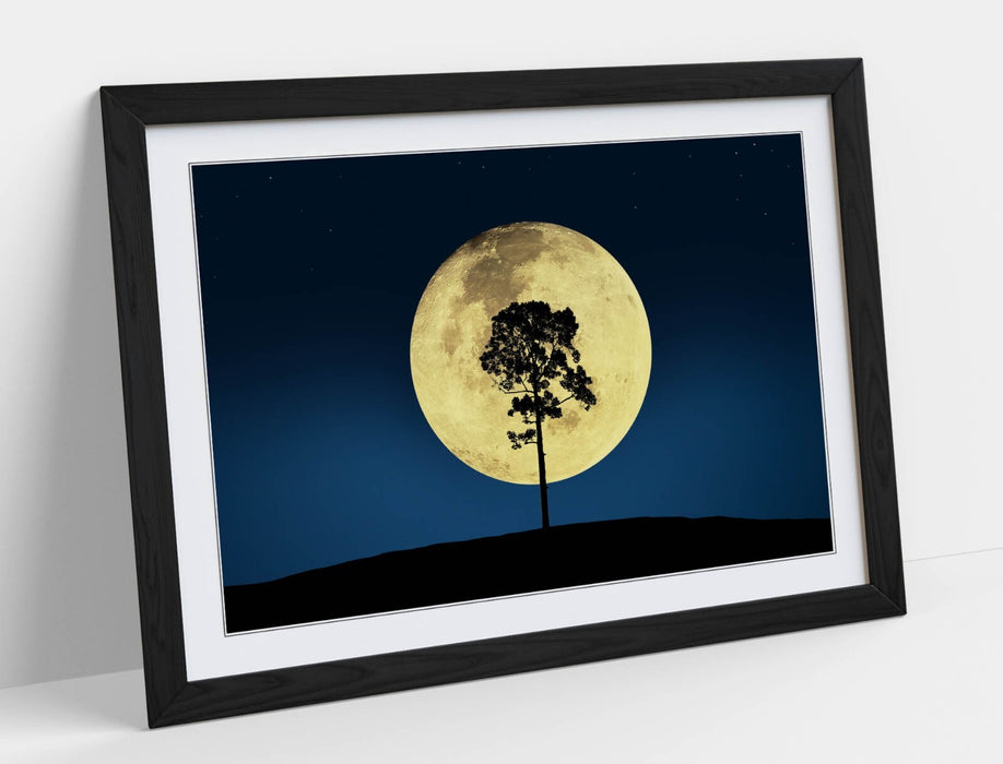 Framed Wall Art Tree Silhouette Poster – Big Moon Night Sky Blue Decor Print