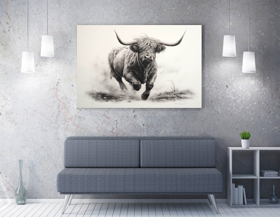 Highland Cow Canvas – Charcoal Sketch Print | Rustic Farmhouse Wall Decor
