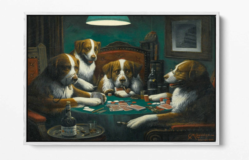 Dogs Playing Cards Art - Handmade Canvas Wall Art | Poker Game Print, Float Effect
