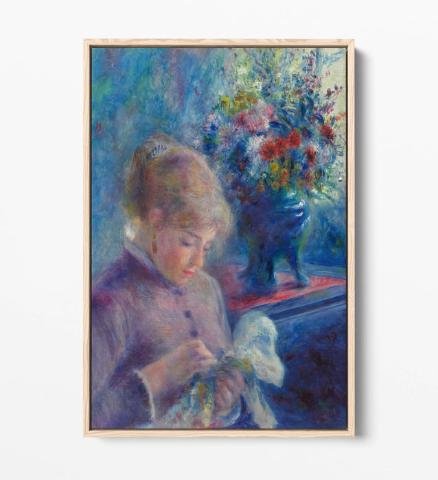 PIERRE AUGUSTE RENOIR, YOUNG WOMAN SEWING -FLOAT EFFECT CANVAS WALL ART PRINT
