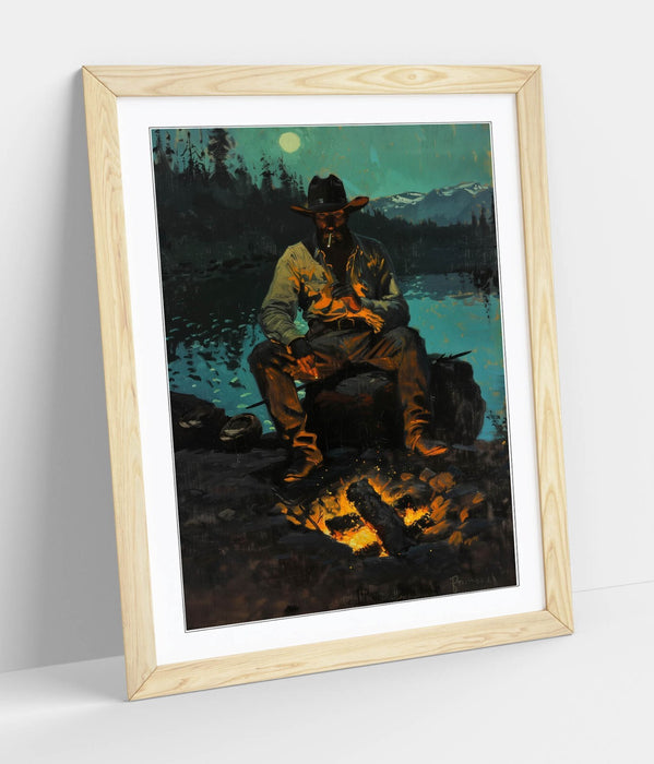 Cowboy Wall Art - Framed Campfire Poster Print With Woodgrain Frame | Rustic Western Decor