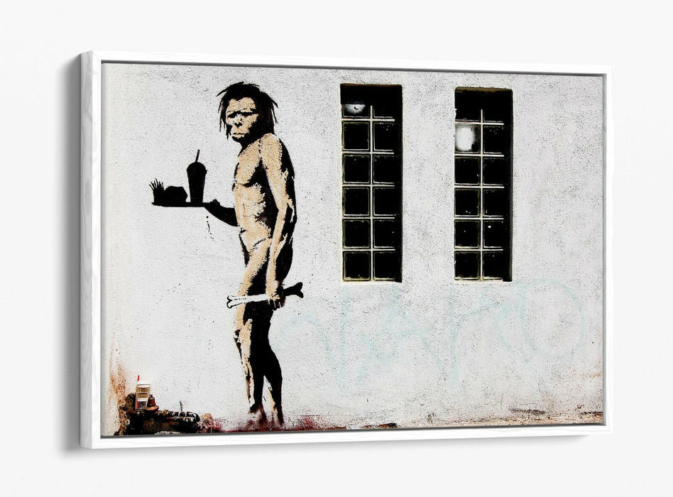 BANKSY FAST FOOD CAVEMAN -FLOAT EFFECT CANVAS WALL ART PIC PRINT- GREY BLACK