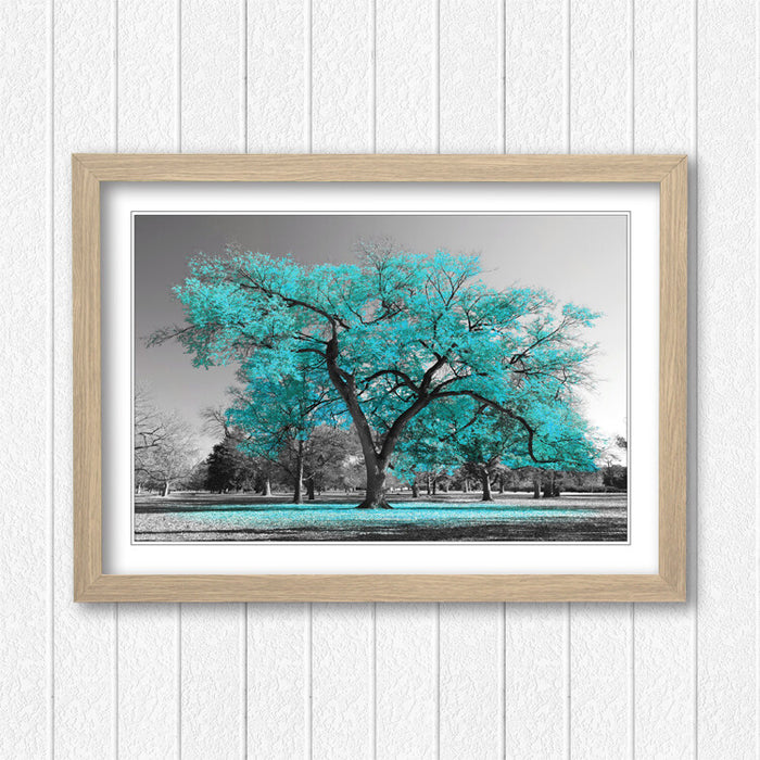 Turquoise Tree Wall Art - Large Framed Picture Print with Teal Leaves Poster