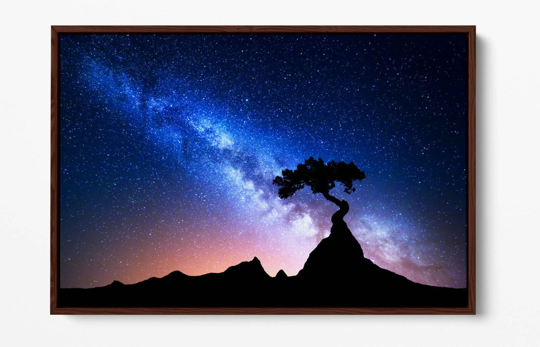 Canvas Wall Art - Tree Silhouette Blue Starry Night Float Effect Print
